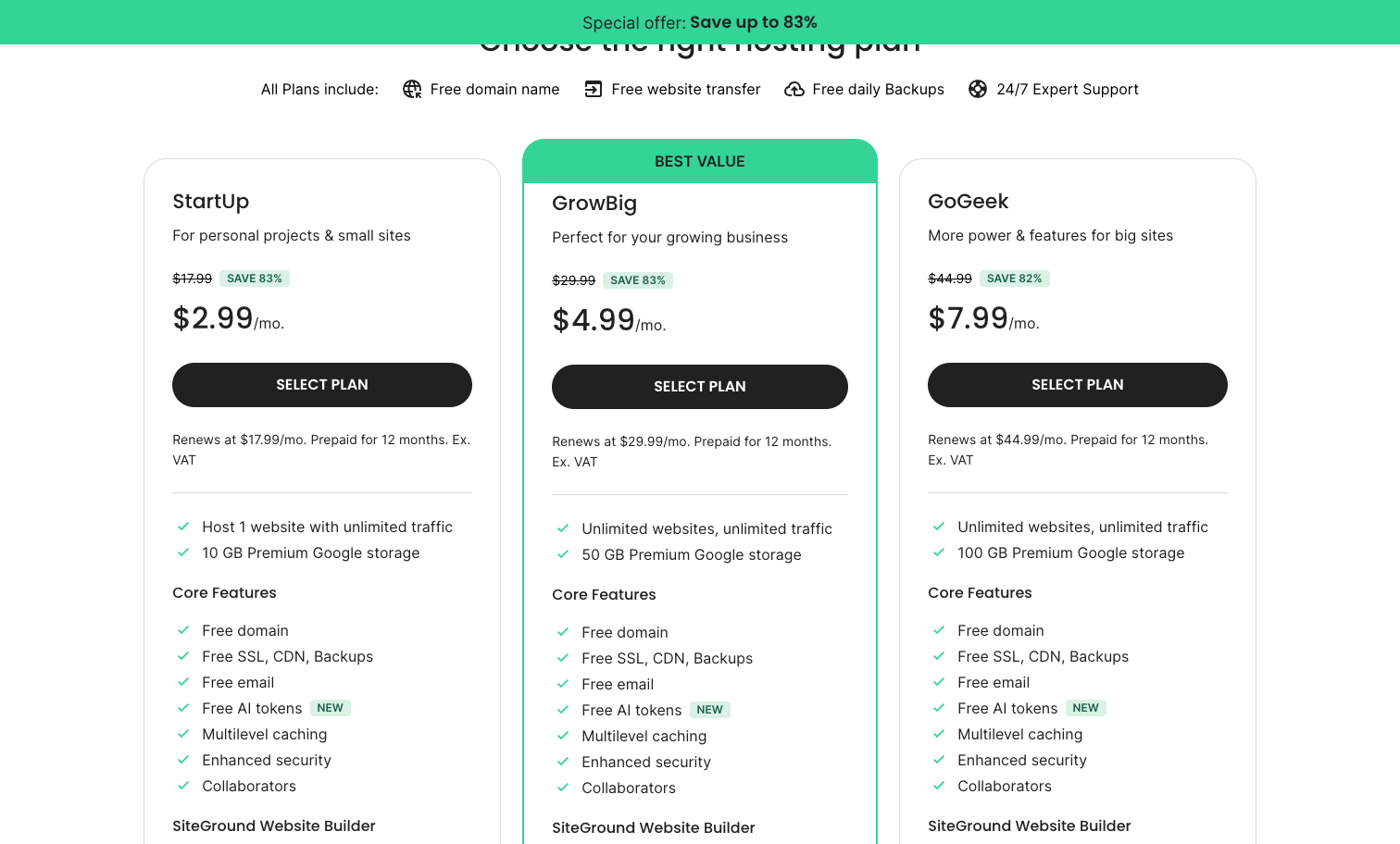 SiteGround web hosting plans and pricing