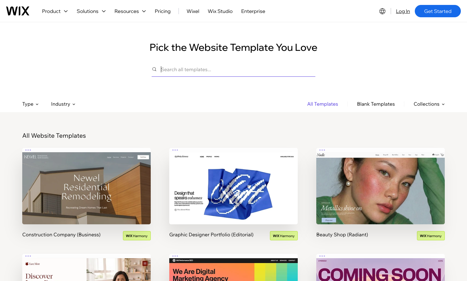 Wix template gallery with 2,000+ templates