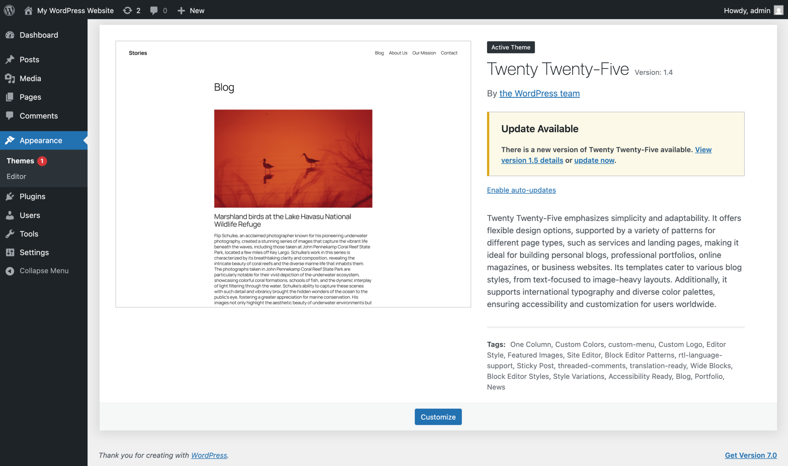 The Themes screen in the WordPress admin, with the active Twenty Twenty-Five block theme