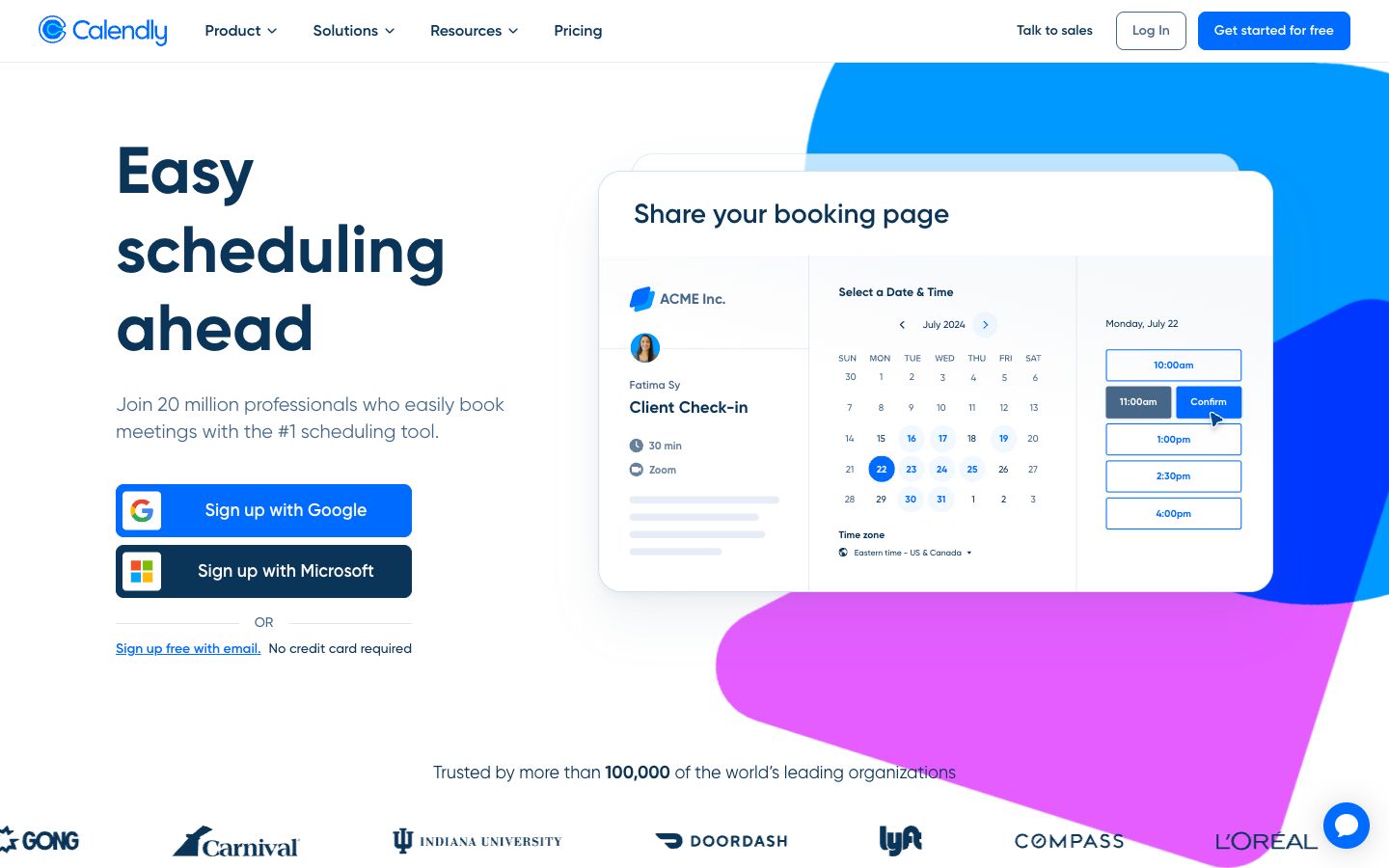 Booking and appointment website example: the Calendly homepage