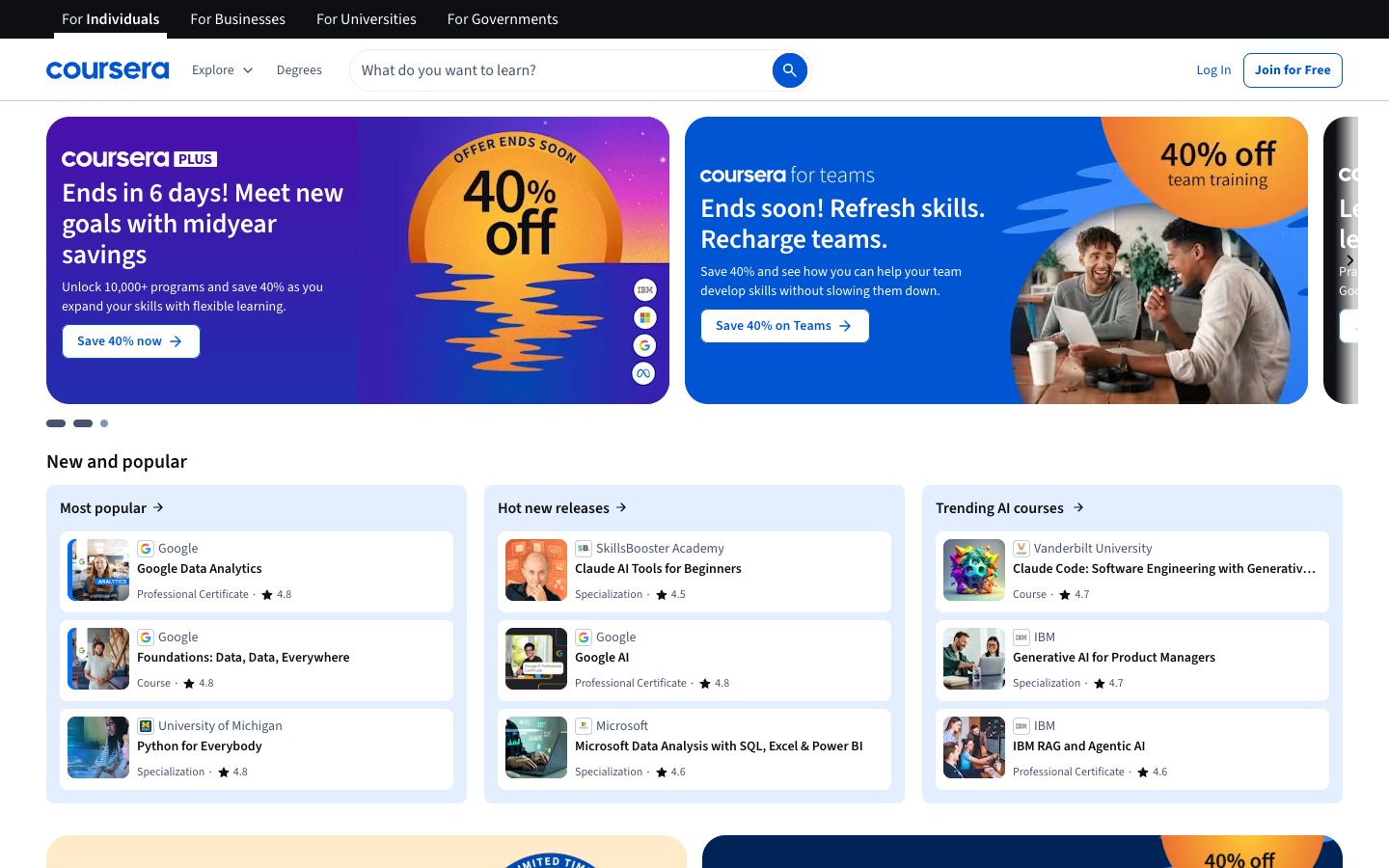Online course website example: the Coursera homepage