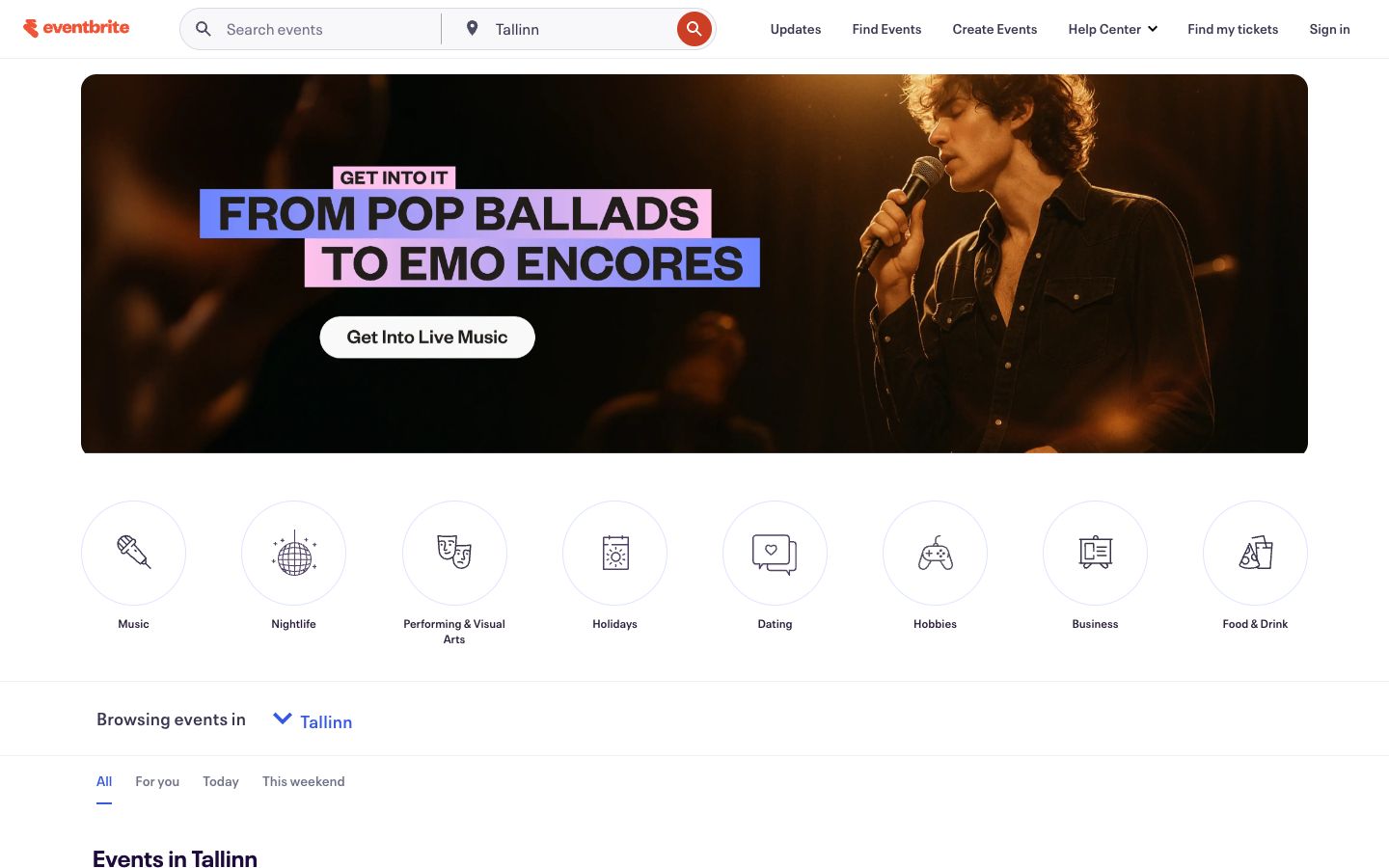 Event website example: the Eventbrite homepage