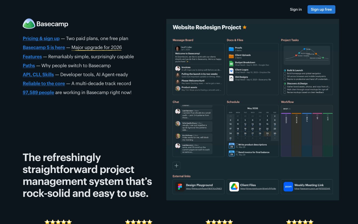 Landing page website example: the Basecamp homepage