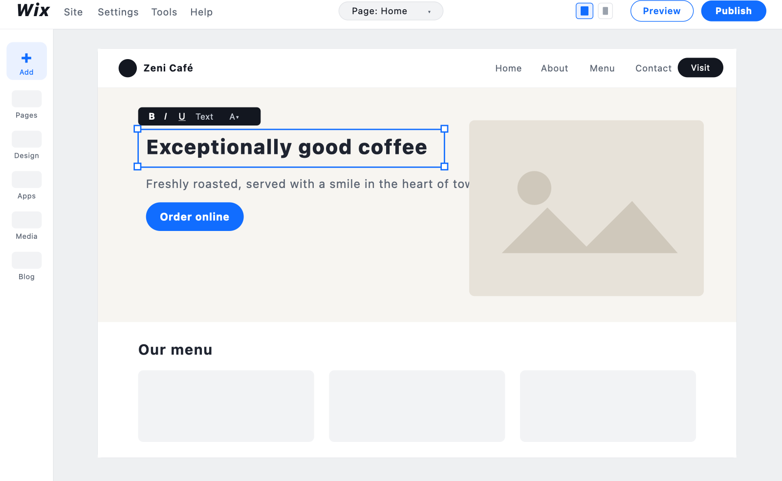Customising a site in the Wix drag-and-drop editor