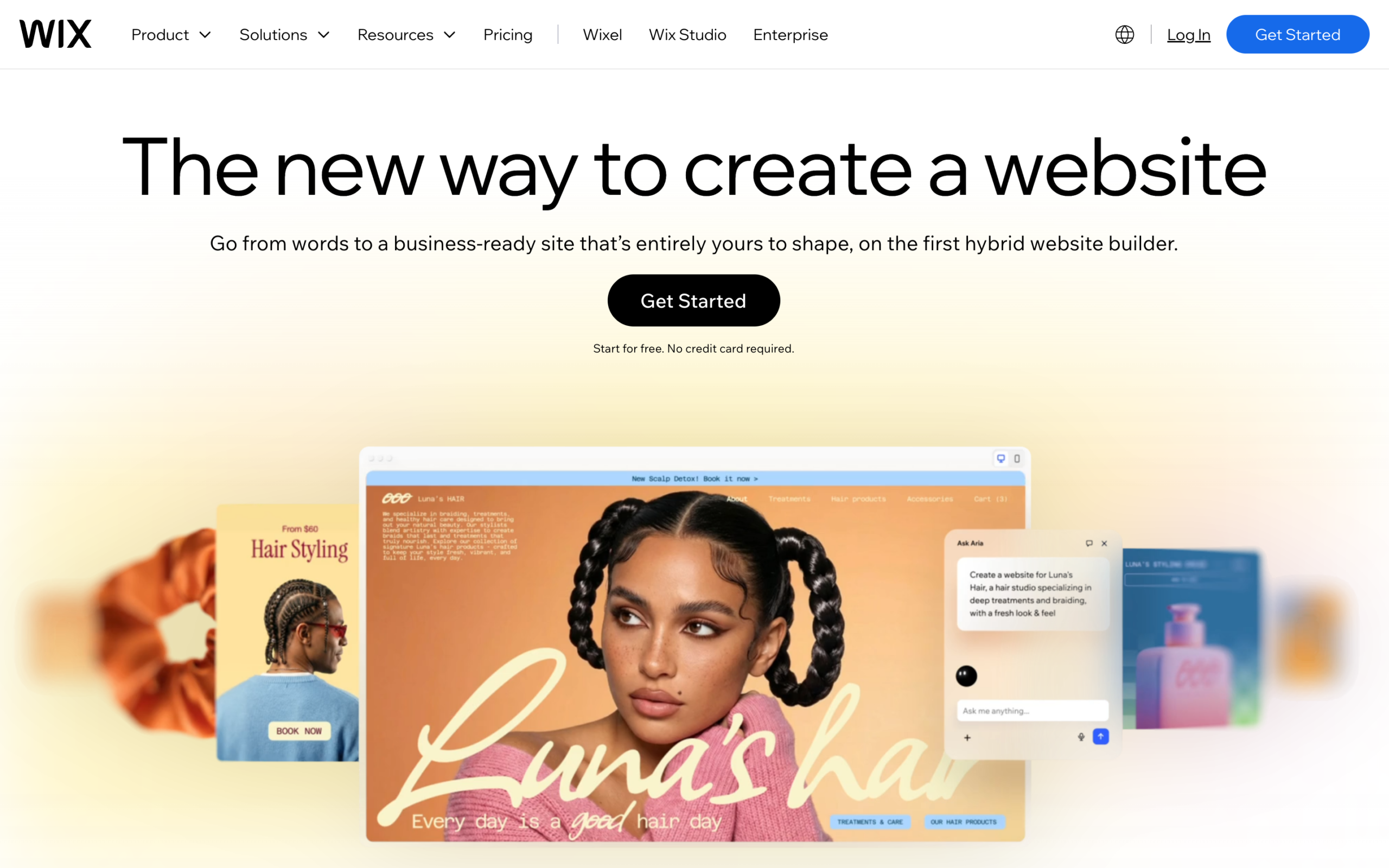 The Wix homepage, the new way to create a website, with a Get Started button