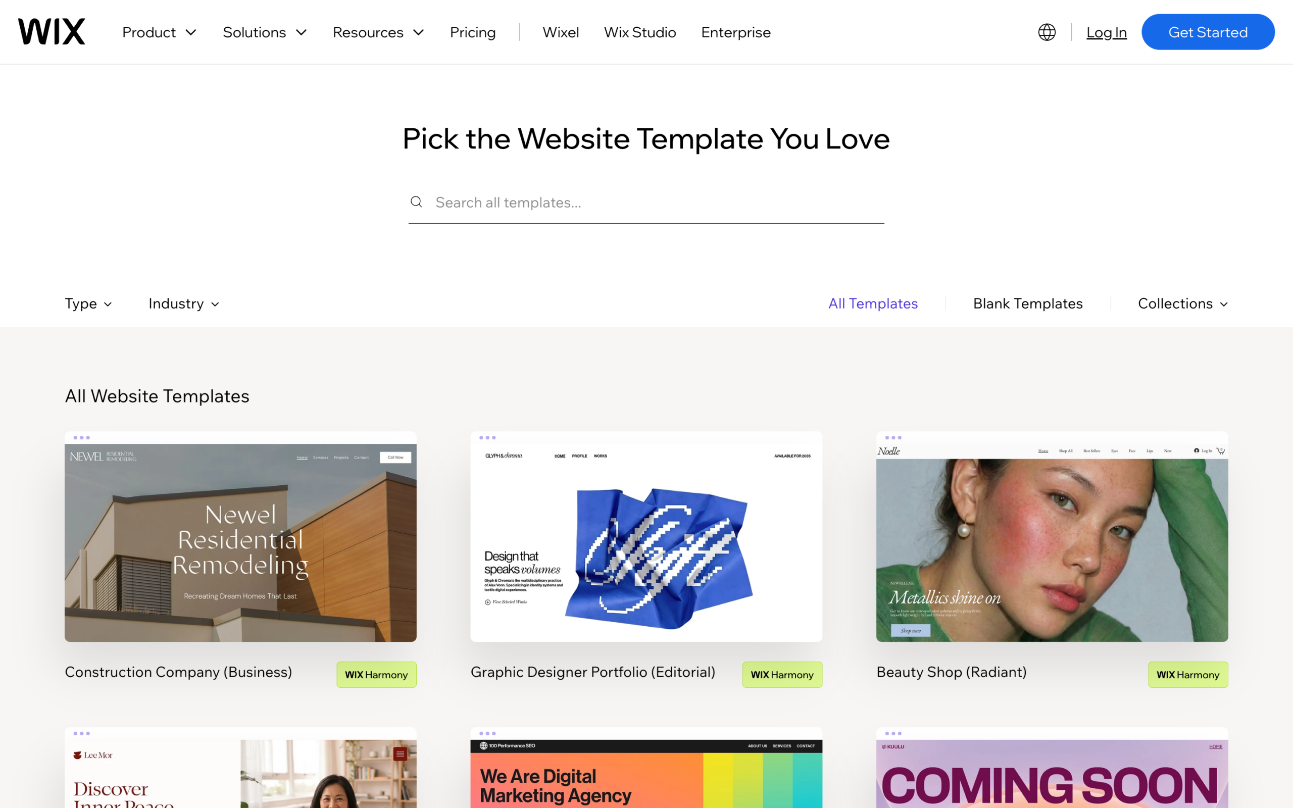 Choosing a design from the Wix website template gallery