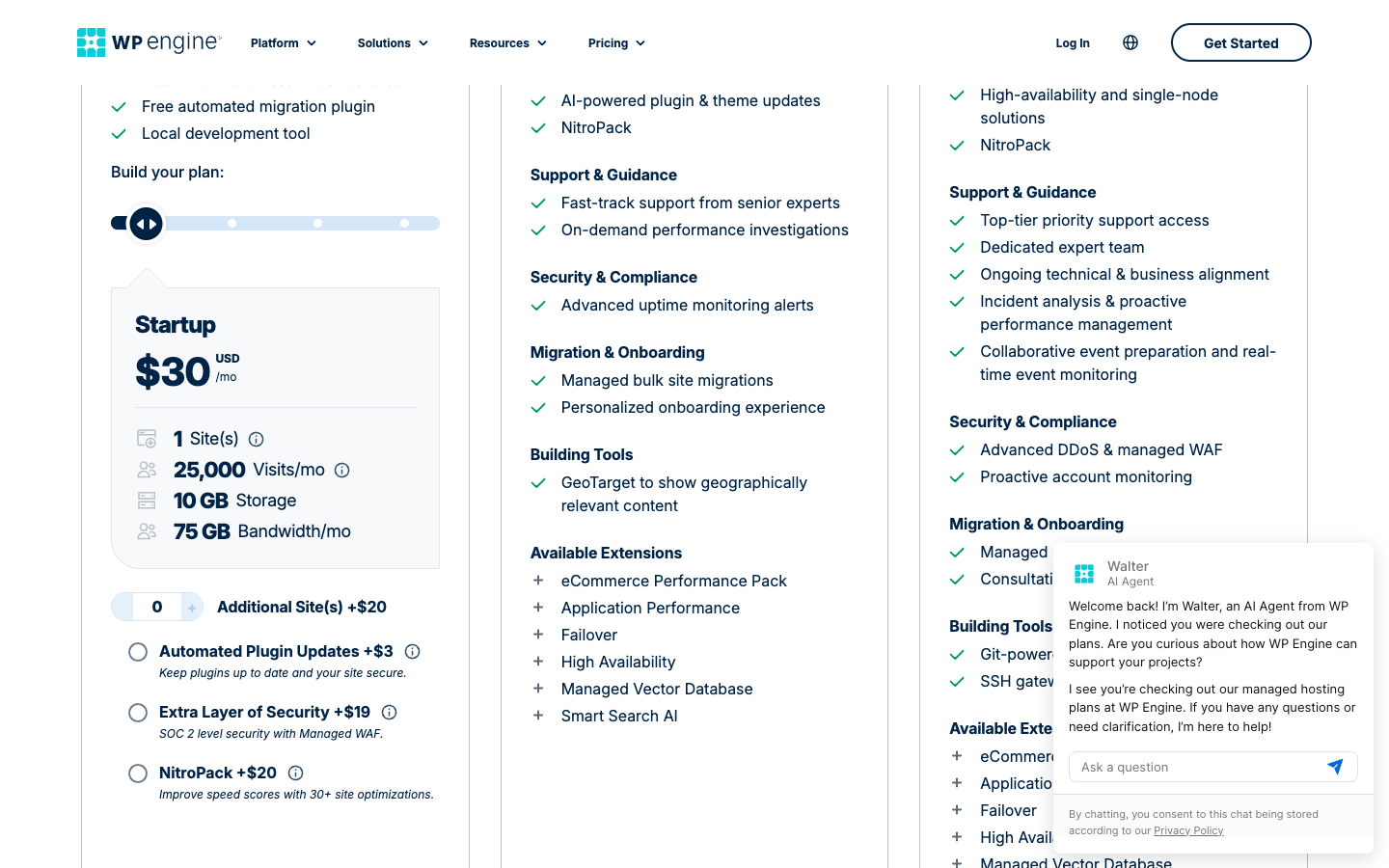 WP Engine managed WordPress hosting Startup plan pricing